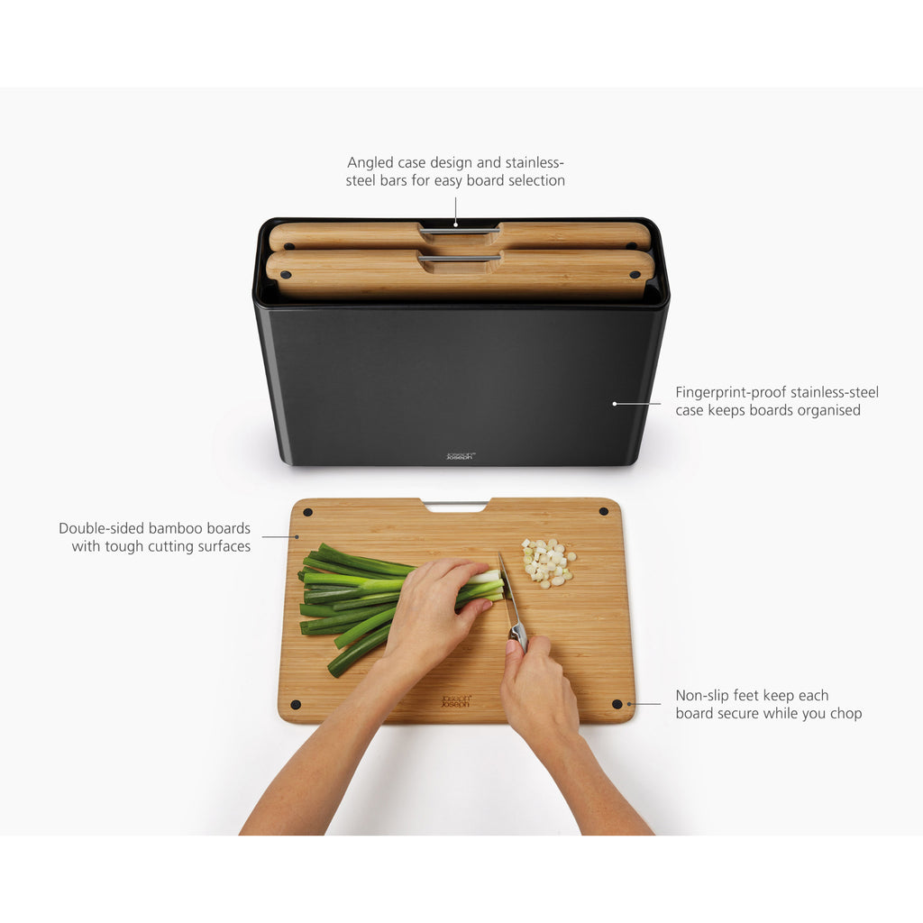 Joseph Joseph Folio Steel Bamboo 3 Piece Board Set - Black