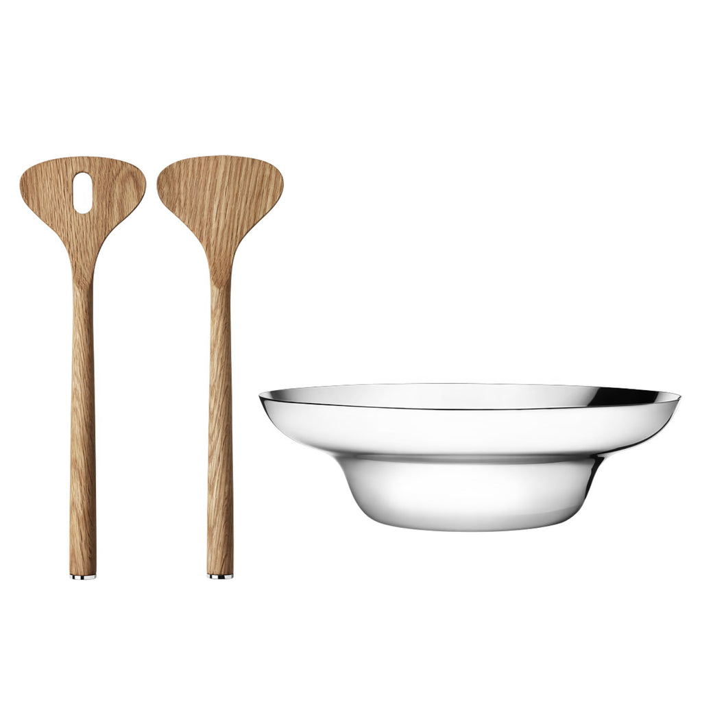 Georg Jensen Alfredo Stainless Steel Salad Bowl & Oak Wood Servers - Silver