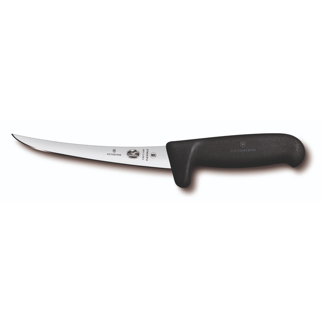 Victorinox Boning Knife, 15cm Curved, Safety Grip,Flex Narrow Blade, Fibrox- Bla