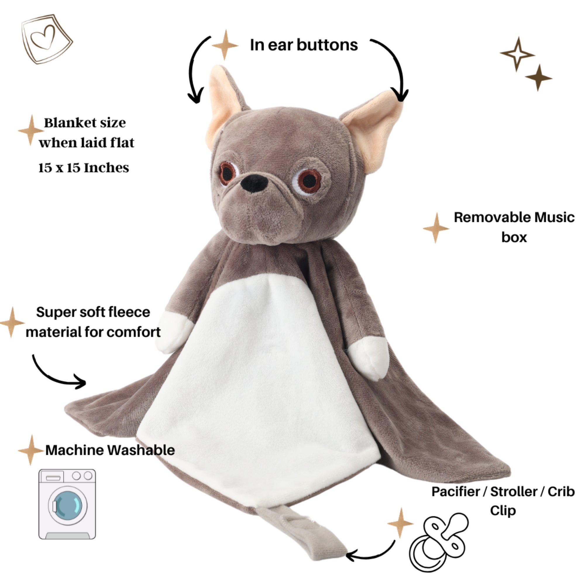 Love By Emi French Bulldog Musical Comforter - Brown
