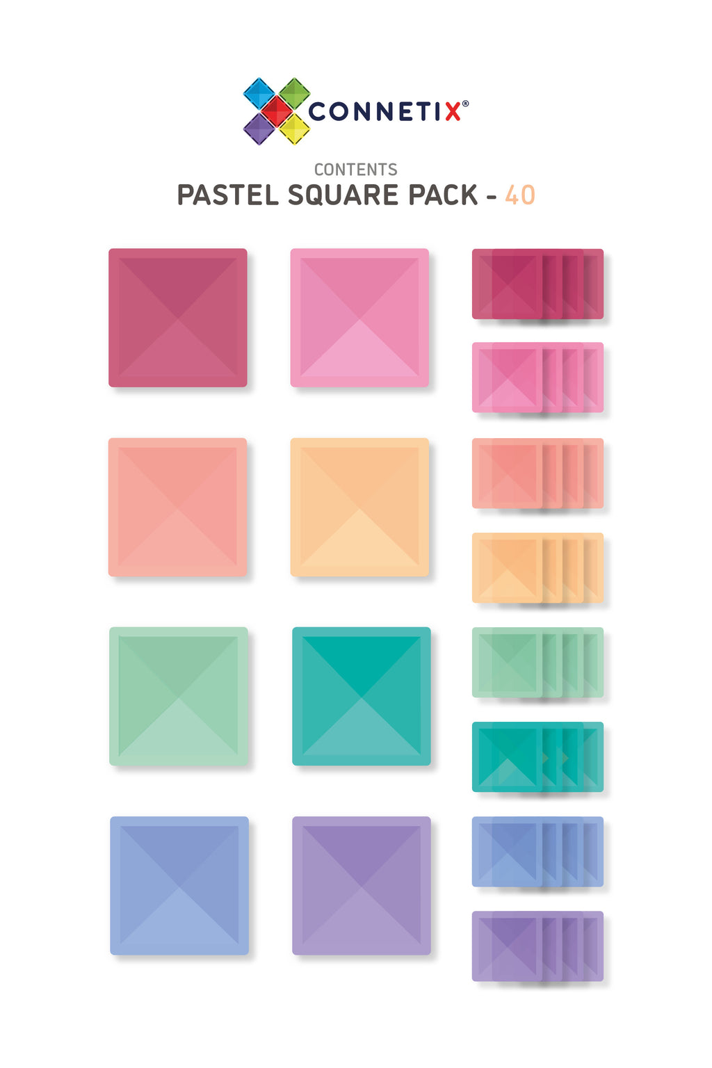 Connetix Pink Square 40 Piece Magnetic Tiles Pack-Pink