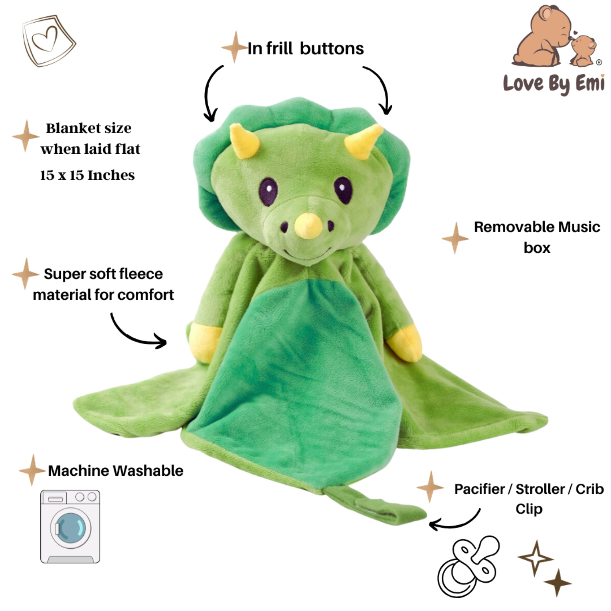 Love By Emi Dinosaur Musical Comforter - Green