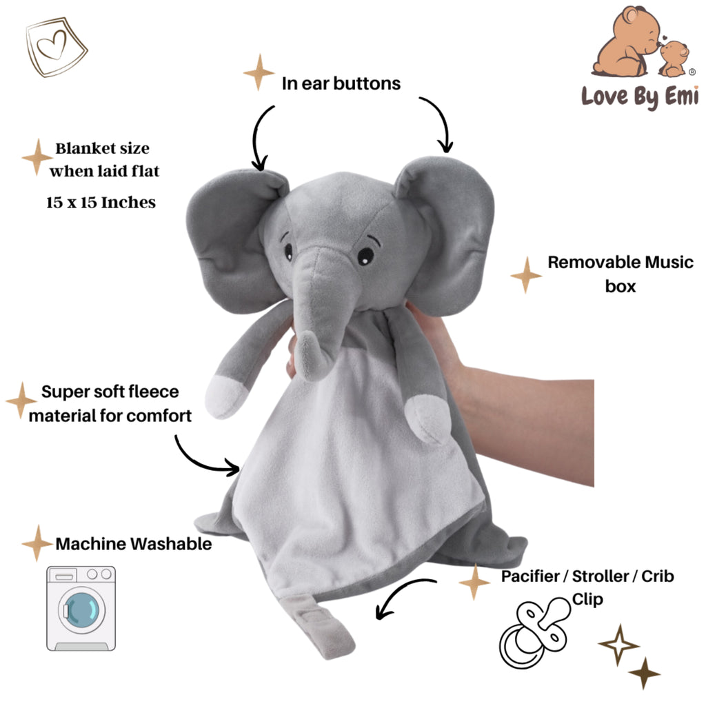 Love By Emi Elephant Musical Comforter - Grey