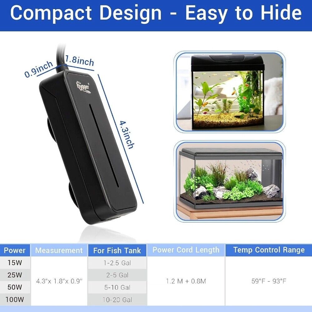 Hygger Aquarium Tiny Titan Water Heater 50W - Black