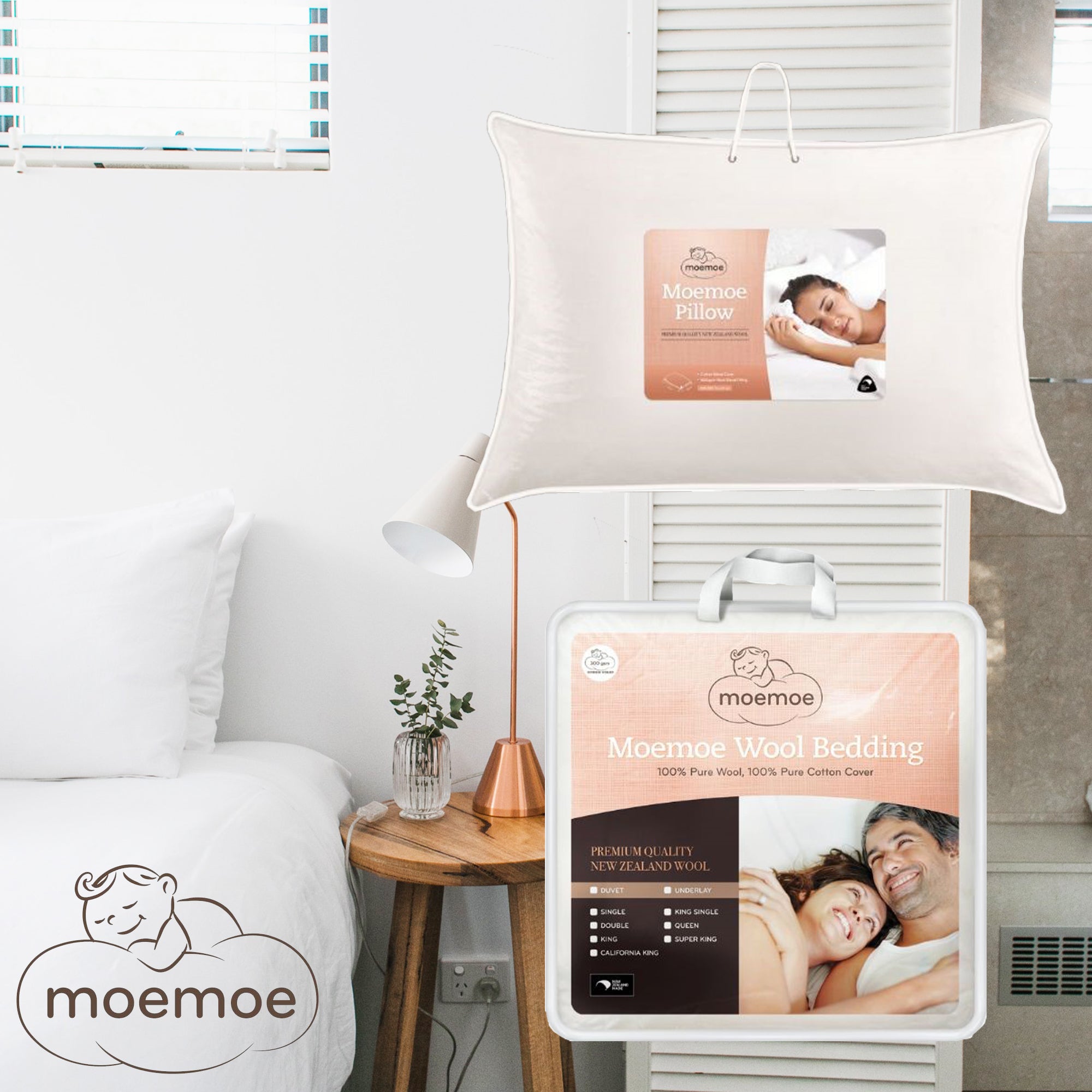 Moemoe 100% New Zealand Wool Duvet Inner - Everyday Weight Queen, With Two Pillo