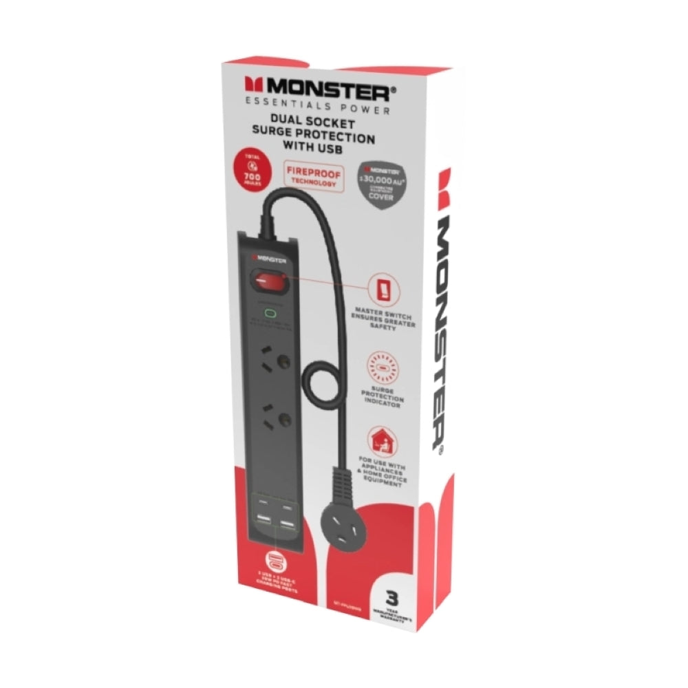 Monster 2-Port Surge+USB Black